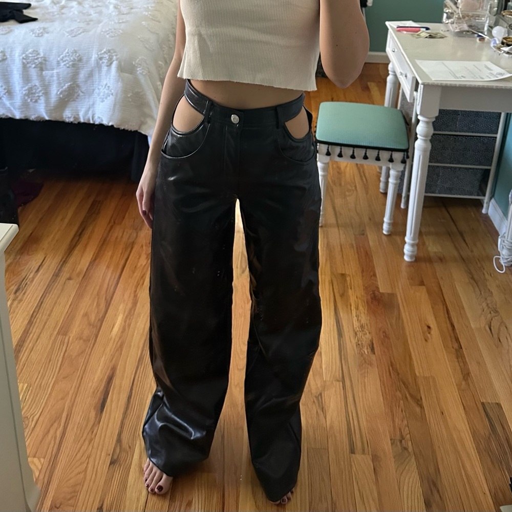 Zara Black Faux Leather Wide-Leg Cutout Pants